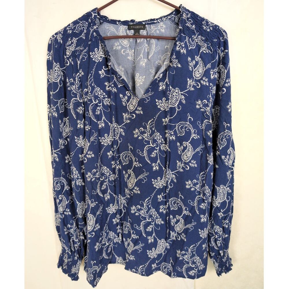 Talbots blue and white paisley floral top Size Small Boho Peasant Feminine